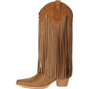 ⚡Women's Brown Rhinestone Fringe Cowgirl Boots Sparkly Western Pointed Toe